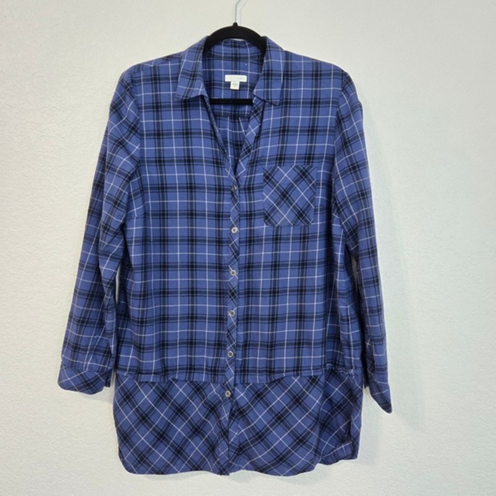 J Jill Blue Plaid Button Down Shirt Tunic Long Sleeve Flannel Womens M